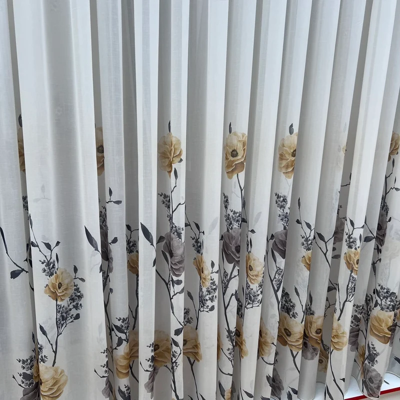 Gardine mit Beige/Grauem Blumenmuster – mit Kräuselband (1 Stück)