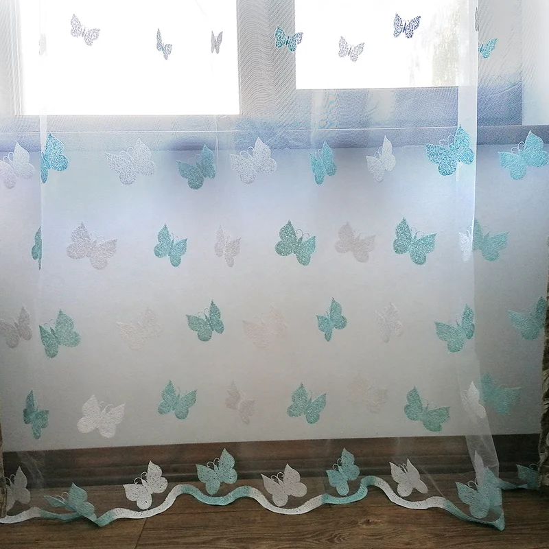 Gardinen mit Schmetterling Stickerei Weiß/Blau – mit Kräuselband (1 Stück)