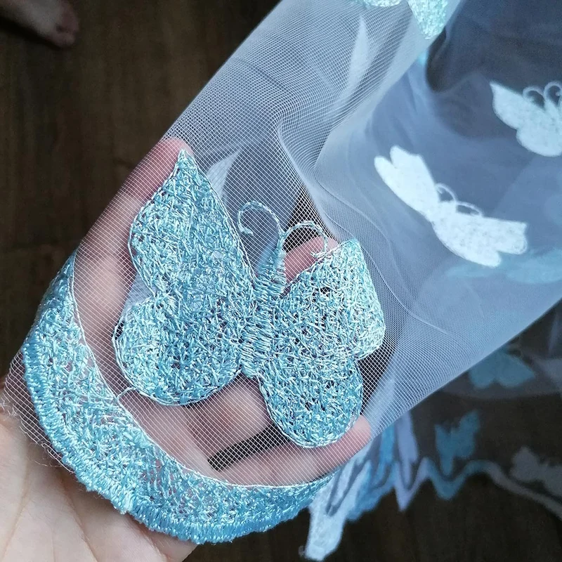 Gardinen mit Schmetterling Stickerei Weiß/Blau – mit Kräuselband (1 Stück)