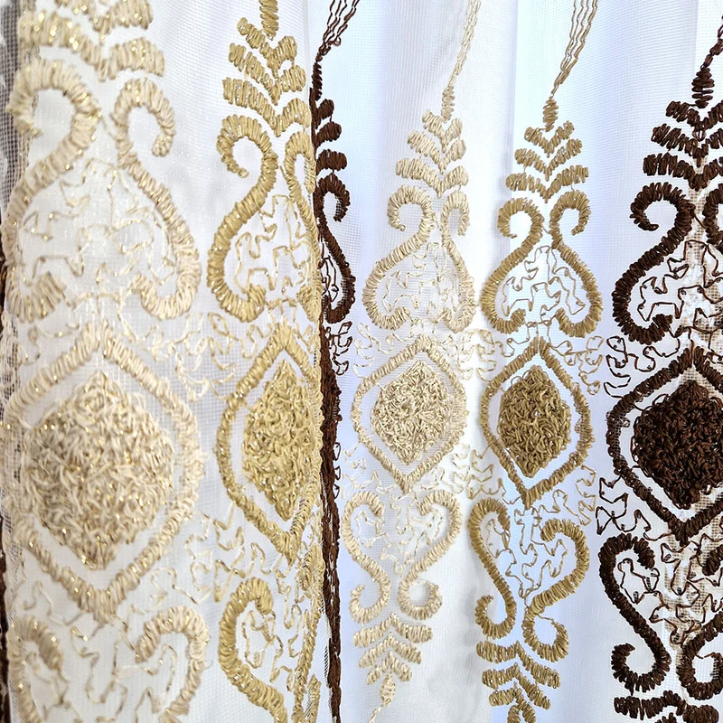 Luxus Bestickter Vorhang mit Blumen Beige/Braun – mit Kräuselband (1 Stück)