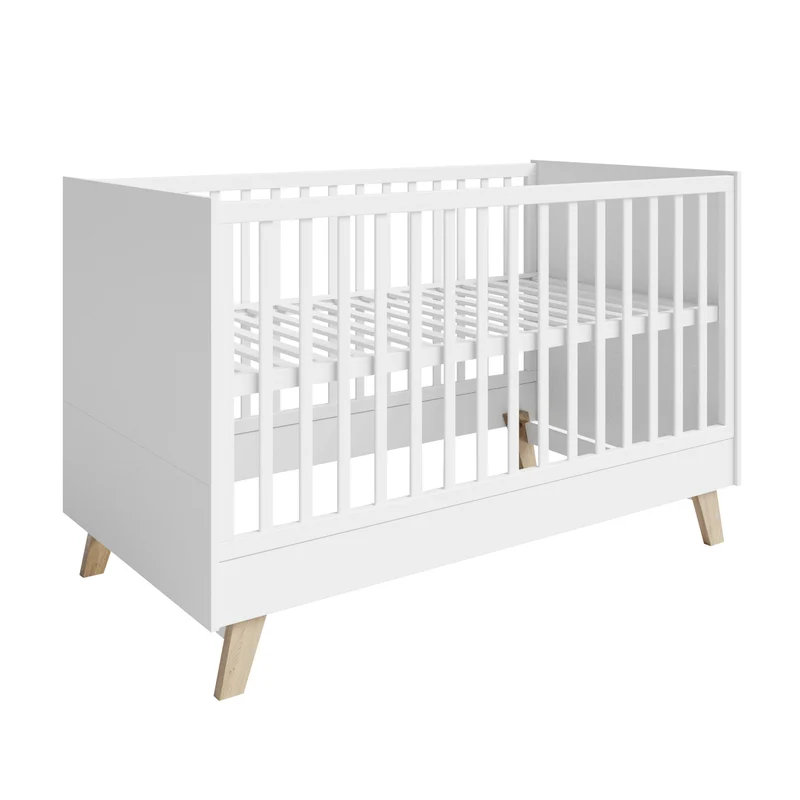 roba Kombi Kinderbett Smile 70 x 140 - Gitterbett umbaubar zu Juniorbett - Höhenverstellbar - 3 Schlupfsprossen - Füße aus Eiche massiv - Weiß
