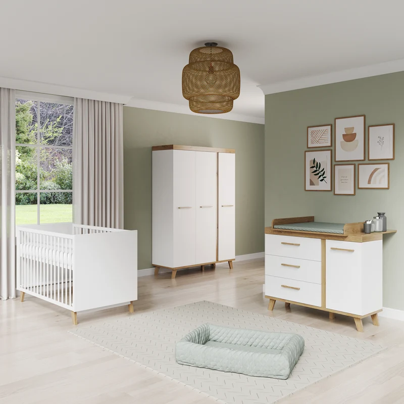 roba Kombi Kinderbett Smile 70 x 140 - Gitterbett umbaubar zu Juniorbett - Höhenverstellbar - 3 Schlupfsprossen - Füße aus Eiche massiv - Weiß