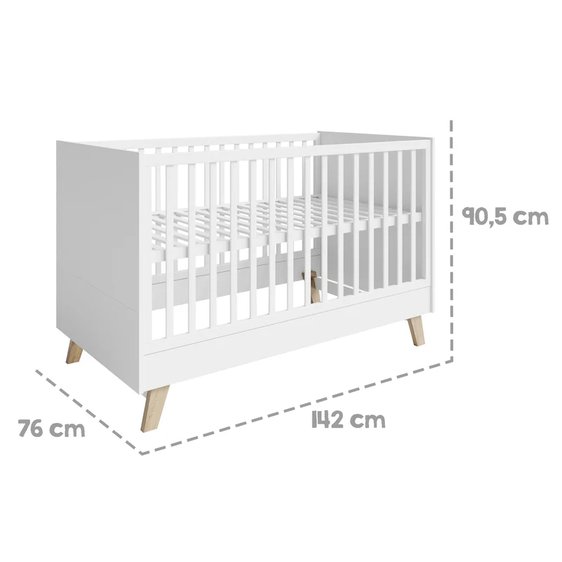 roba Kombi Kinderbett Smile 70 x 140 - Gitterbett umbaubar zu Juniorbett - Höhenverstellbar - 3 Schlupfsprossen - Füße aus Eiche massiv - Weiß