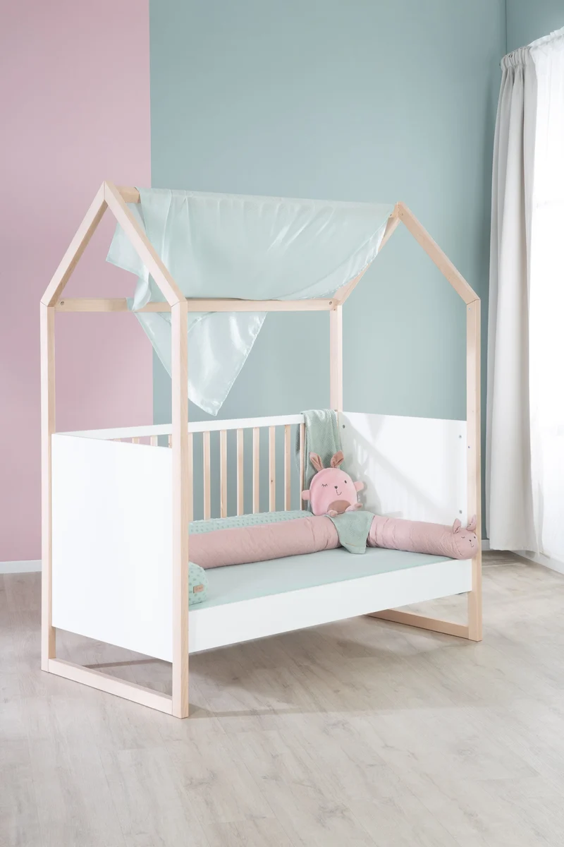 Hausbett – 70 x 140 cm, bicolor, weiß/natur, verstell-/umbaubar