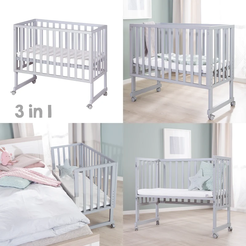 Stuben-/Beistellbett "safe asleep®" – 3 in 1 mit Barriere inkl. Matratze, Holz taupe