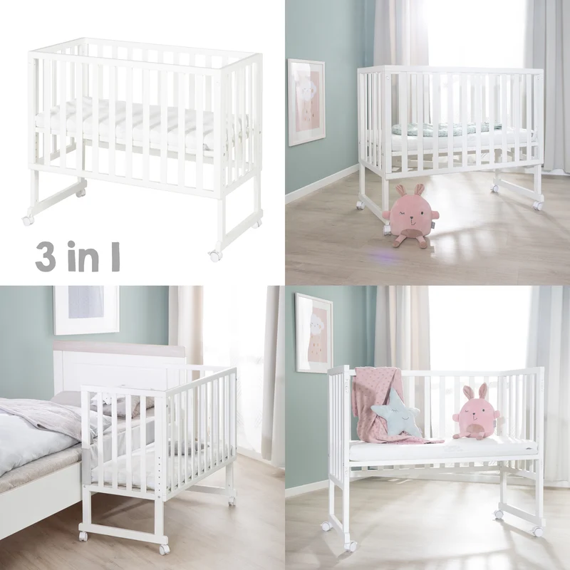 Stuben-/Beistellbett "safe asleep®" – 3 in 1 mit Barriere inkl. Matratze, Holz weiß