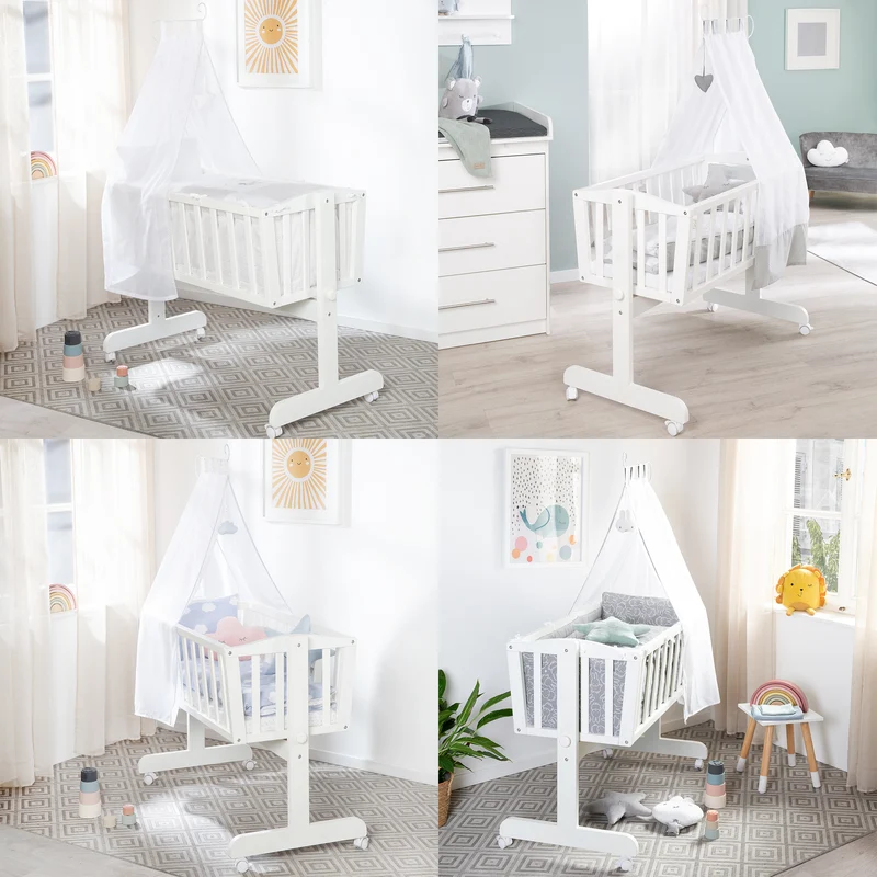 Babywiege inkl. Matratze 40 x 90 cm mit Bremsrollensatz, Holz weiß