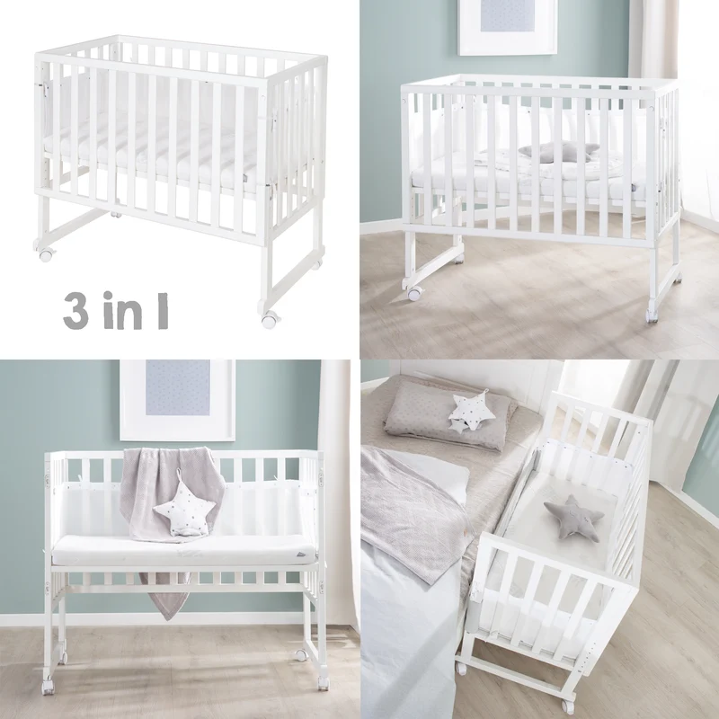Stuben-/Beistellbett "safe asleep®" – 3 in 1 mit Barriere inkl. Matratze u. Nestchen, Holz weiß