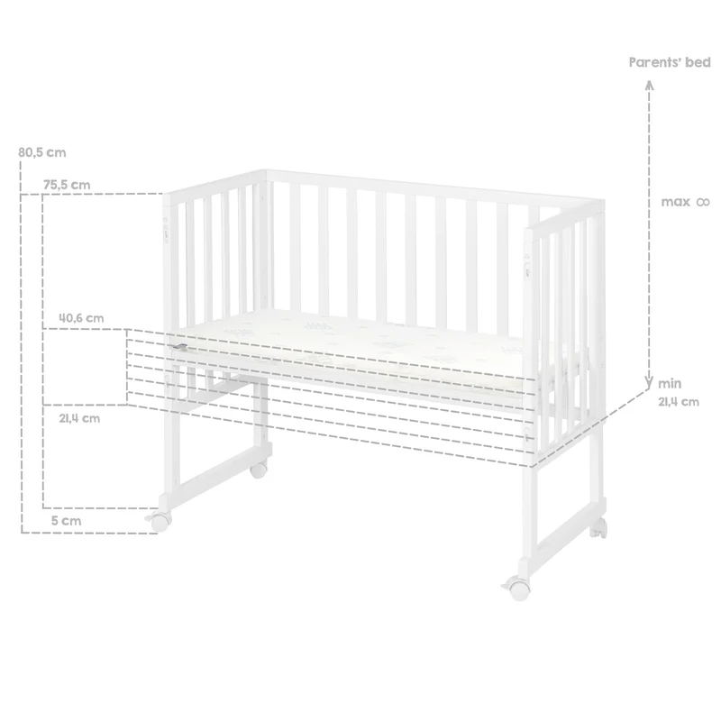 Stuben-/Beistellbett "safe asleep®" – 3 in 1 mit Barriere inkl. Matratze u. Nestchen, Holz weiß