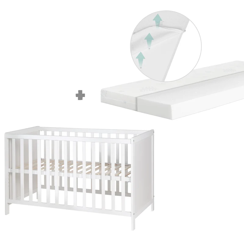 2-in-1 Beistell- und Babybett inkl. Matratze / höhenverstellbar / 5 Schlupfsprossen / Lattenrost - in Weiß