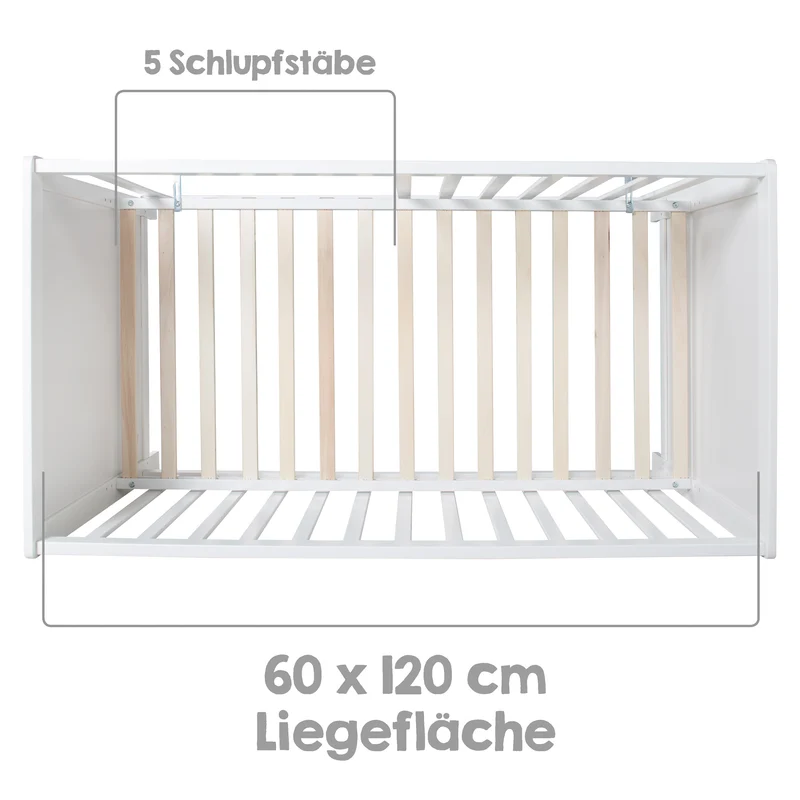 2-in-1 Beistell- und Babybett inkl. Matratze / höhenverstellbar / 5 Schlupfsprossen / Lattenrost - in Weiß