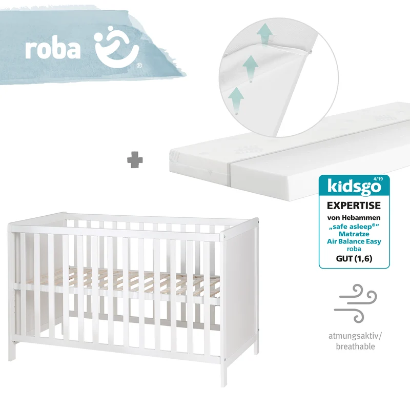 2-in-1 Beistell- und Babybett inkl. Matratze / höhenverstellbar / 5 Schlupfsprossen / Lattenrost - in Weiß