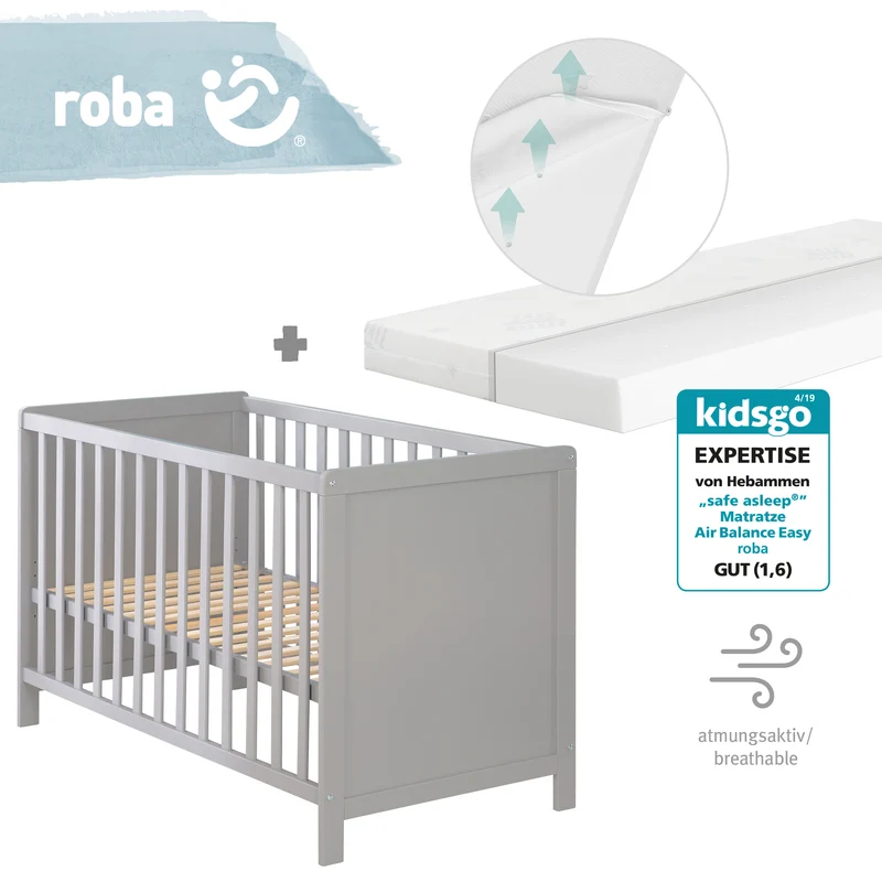 2-in-1 Beistell- und Babybett - höhenverstellbar / 5 Schlupfsprossen / Lattenrost / Matratze - in Taupe