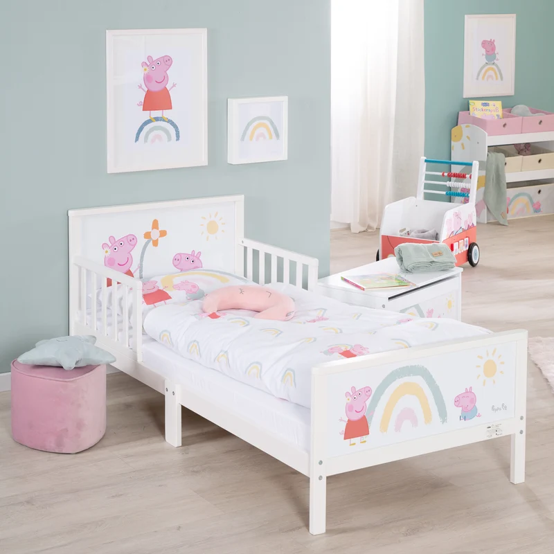 Kinderbettwäsche Peppa Pig 100 x 135 cm mit Motiven der Zeichentrickserie - Bettwäsche für Kinder aus Baumwolle inkl. Kissenbezug 60 x 40 cm - Weiß & Rosa