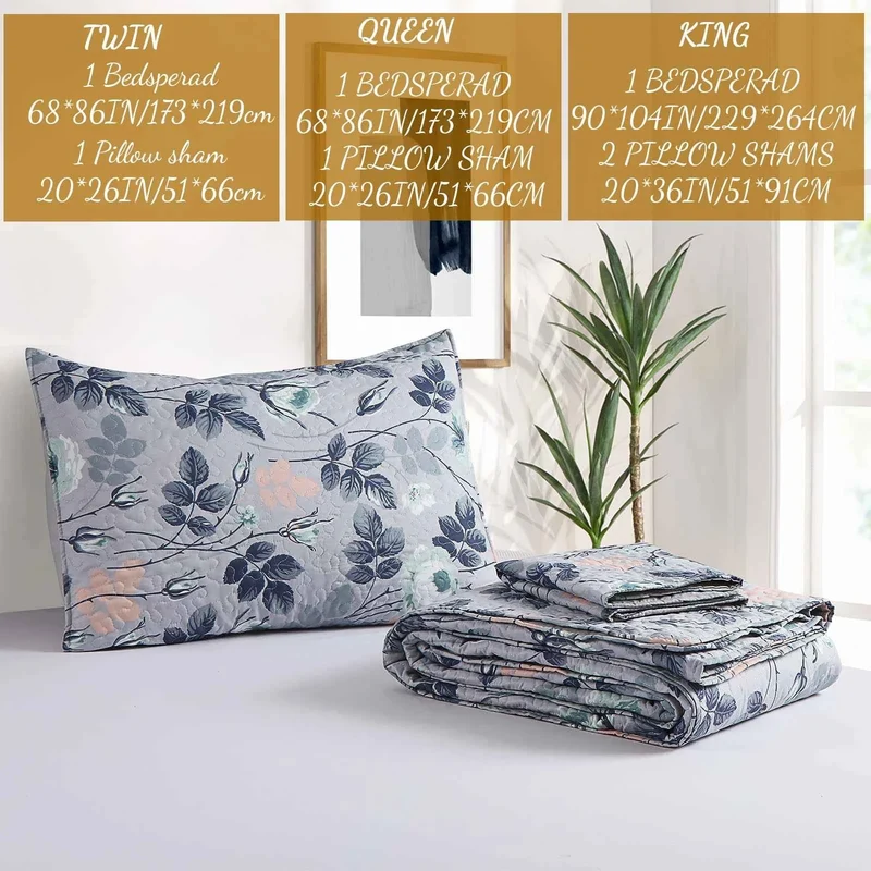 Verwandeln Sie Ihr Schlafzimmer mit dem ultraweichen Bettwäsche-Set mit Blumenmuster – 3-teilige Patchwork-Tagesdecken in Grau für alle Jahreszeiten.