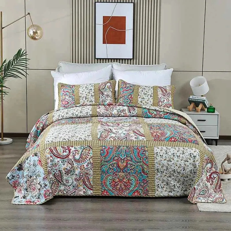 Handgefertigte Patchwork-Steppdecke – 3-teiliges Komfortset aus 100 % Baumwolle für alle Jahreszeiten