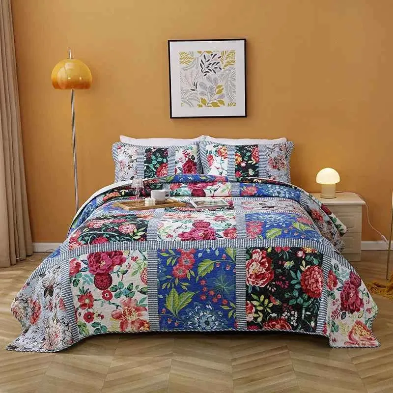 Handgefertigte Patchwork-Steppdecke – 3-teiliges Komfortset aus 100 % Baumwolle für alle Jahreszeiten
