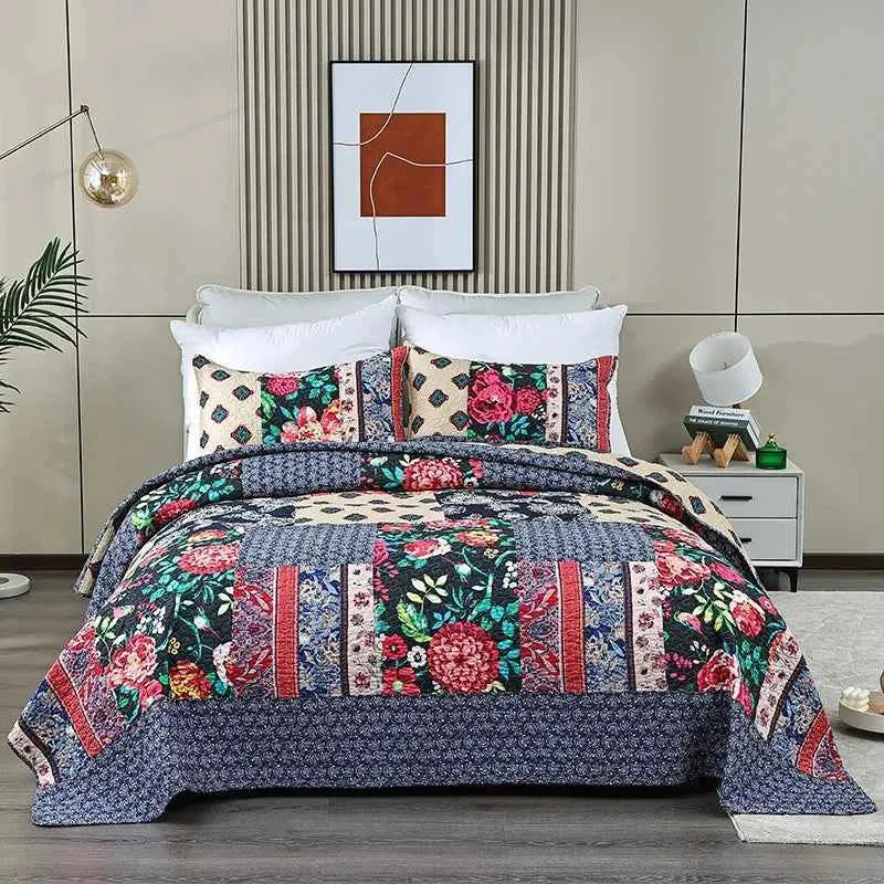 Handgefertigte Patchwork-Steppdecke – 3-teiliges Komfortset aus 100 % Baumwolle für alle Jahreszeiten