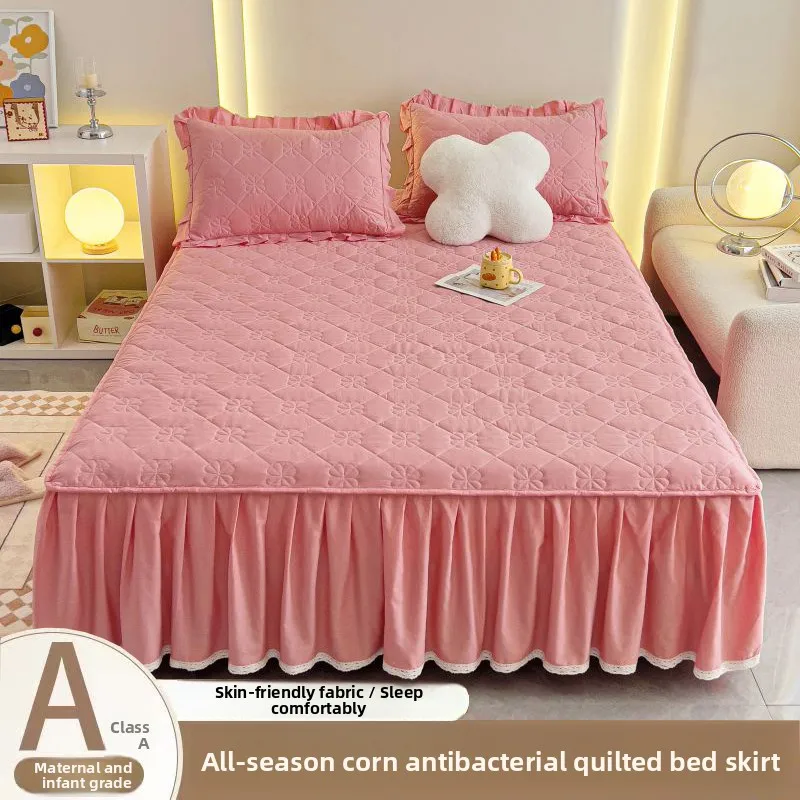 Dreiteiliges, rutschfestes Bettrock-Set aus dicker Baumwolle für Queensize-Betten – Vielseitiger, einfarbiger Bettbezug für alle Jahreszeiten