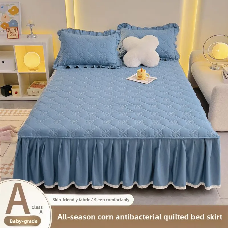 Dreiteiliges, rutschfestes Bettrock-Set aus dicker Baumwolle für Queensize-Betten – Vielseitiger, einfarbiger Bettbezug für alle Jahreszeiten