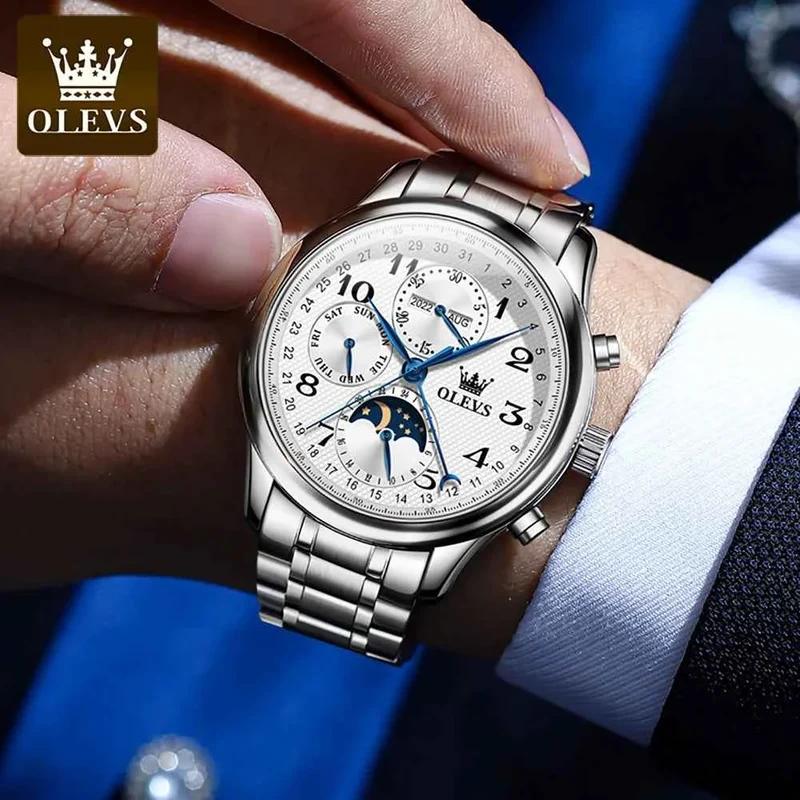 OLEVS Luxus-Herrenuhr mit mechanischer Technik - Originale digitale Mondphasen-Chronographenuhr, wasserdicht, Sportuhr