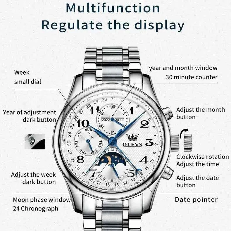 OLEVS Luxus-Herrenuhr mit mechanischer Technik - Originale digitale Mondphasen-Chronographenuhr, wasserdicht, Sportuhr