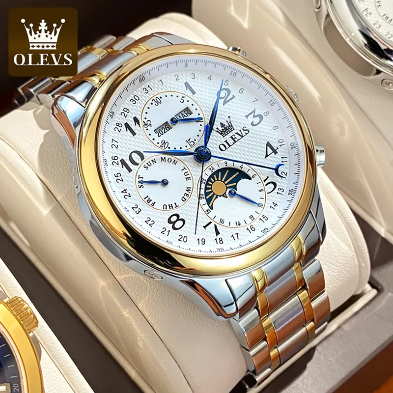 OLEVS Luxus-Herrenuhr mit mechanischer Technik - Originale digitale Mondphasen-Chronographenuhr, wasserdicht, Sportuhr