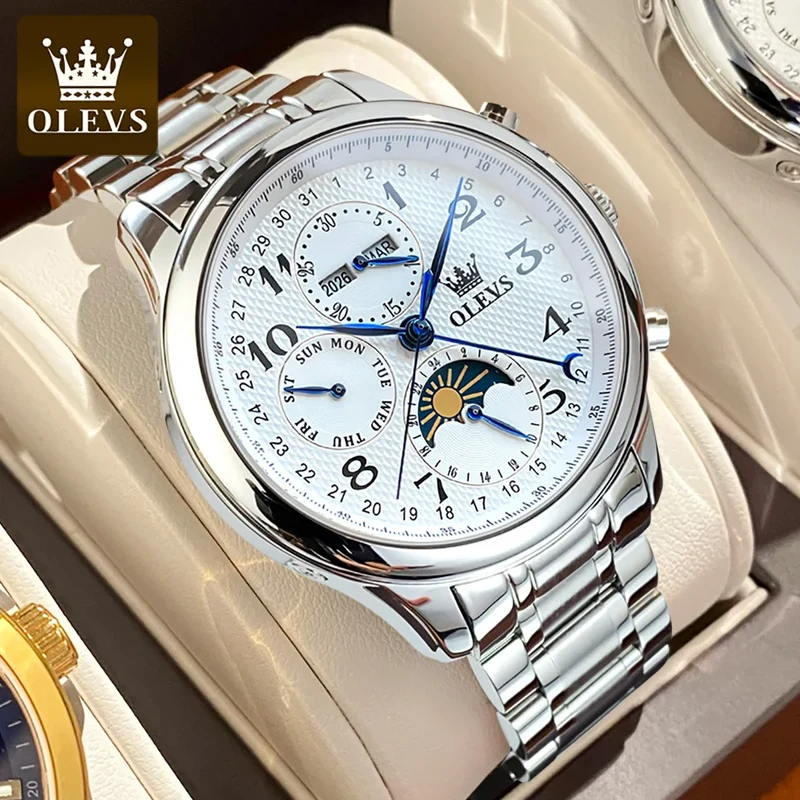 OLEVS Luxus-Herrenuhr mit mechanischer Technik - Originale digitale Mondphasen-Chronographenuhr, wasserdicht, Sportuhr
