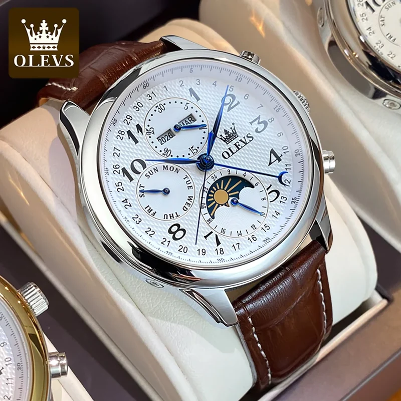 OLEVS Luxus-Herrenuhr mit mechanischer Technik - Originale digitale Mondphasen-Chronographenuhr, wasserdicht, Sportuhr
