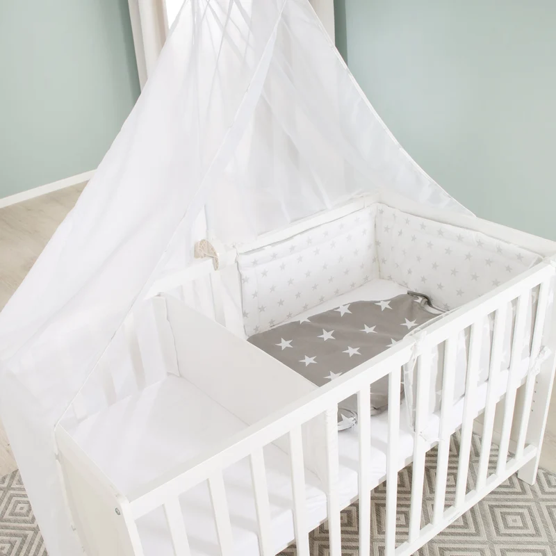 Mulitfunktionsbett Sterne grau mit Beistellfunktion, inkl. Ausstattung, höhenverstellbar, Liegefläche 60x120 cm, weiß