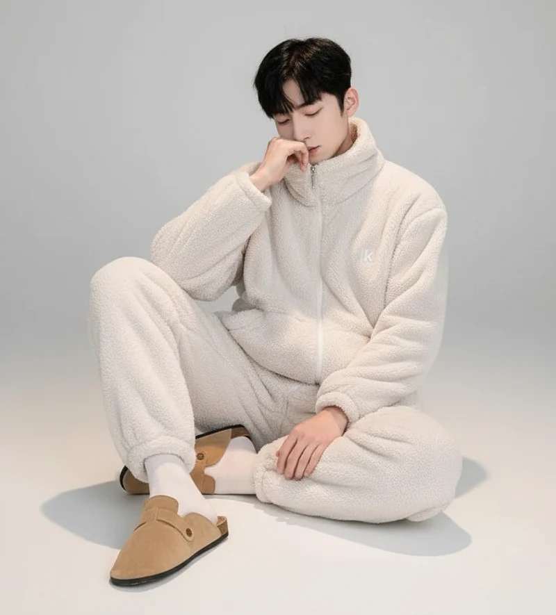 Plüsch-Loungewear-Pyjama für Herren – Hochgeschlossener, warmer Winter-Korallenfleece