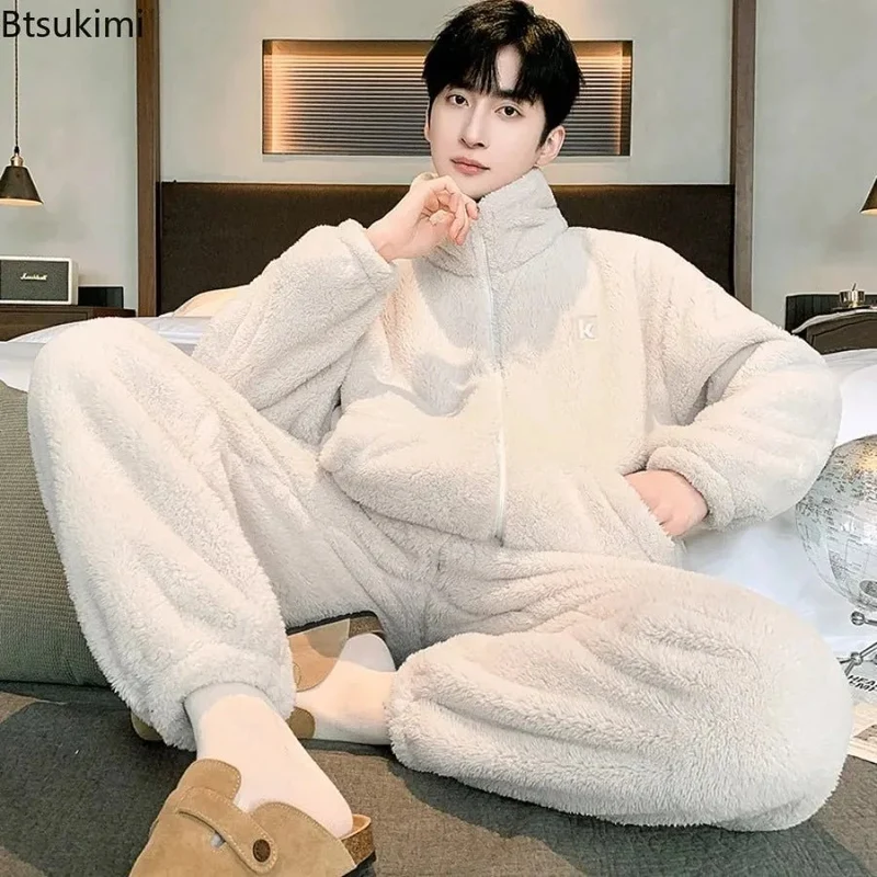 Plüsch-Loungewear-Pyjama für Herren – Hochgeschlossener, warmer Winter-Korallenfleece