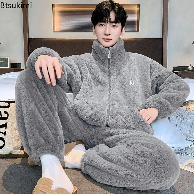 Plüsch-Loungewear-Pyjama für Herren – Hochgeschlossener, warmer Winter-Korallenfleece