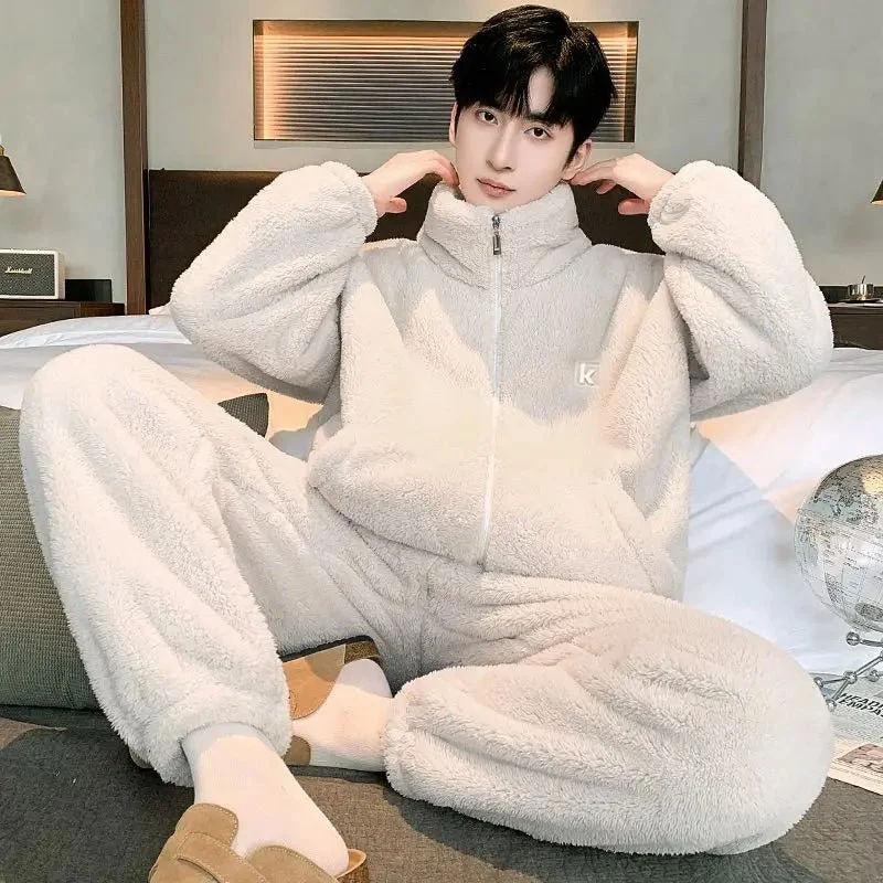 Plüsch-Loungewear-Pyjama für Herren – Hochgeschlossener, warmer Winter-Korallenfleece