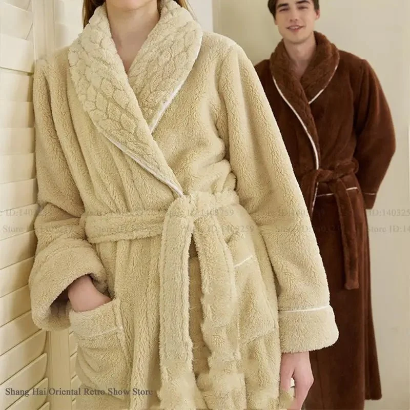 Oversized Fleece-Bademantel für Herren – Korallenfarbener Flanell-Kimono-Bademantel für Paare