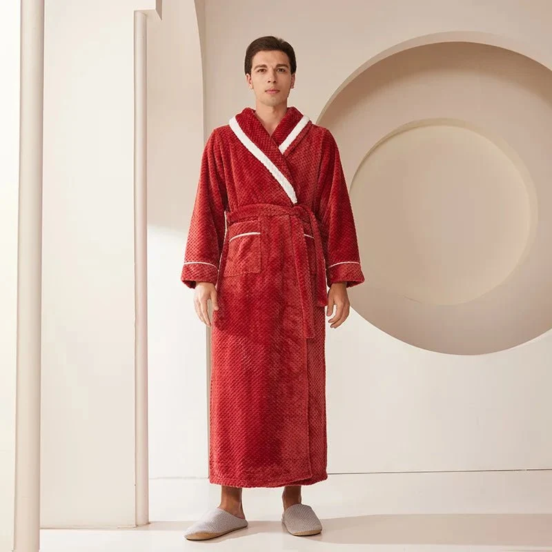 Oversized Fleece-Bademantel für Herren – Korallenfarbener Flanell-Kimono-Bademantel für Paare