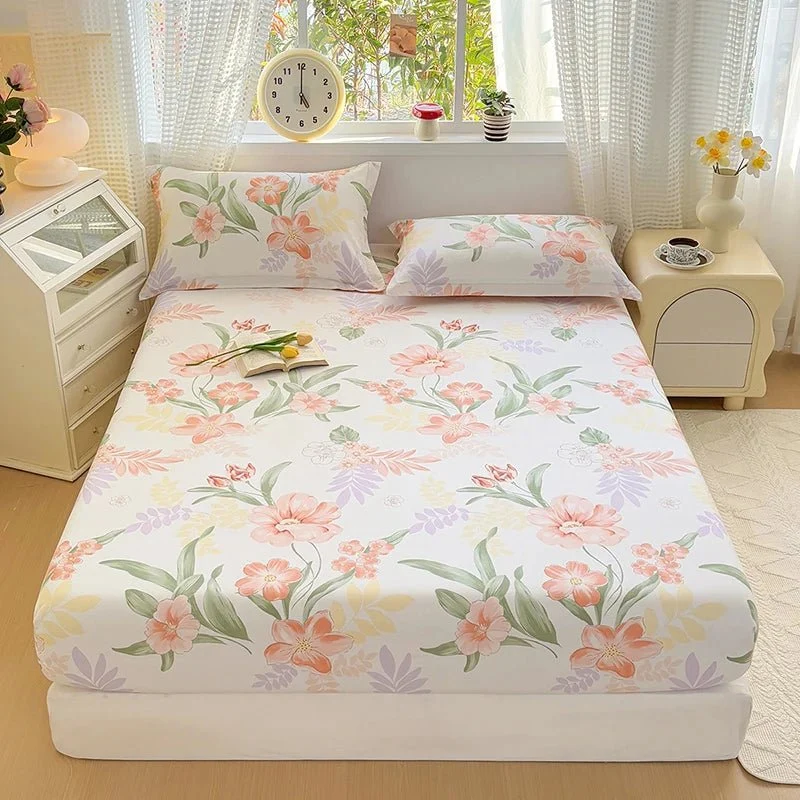 Spannbettlaken aus 100 % Baumwolle mit Blumenmuster - Elastisches, hautfreundliches Bettlaken (ohne Kissenbezug)