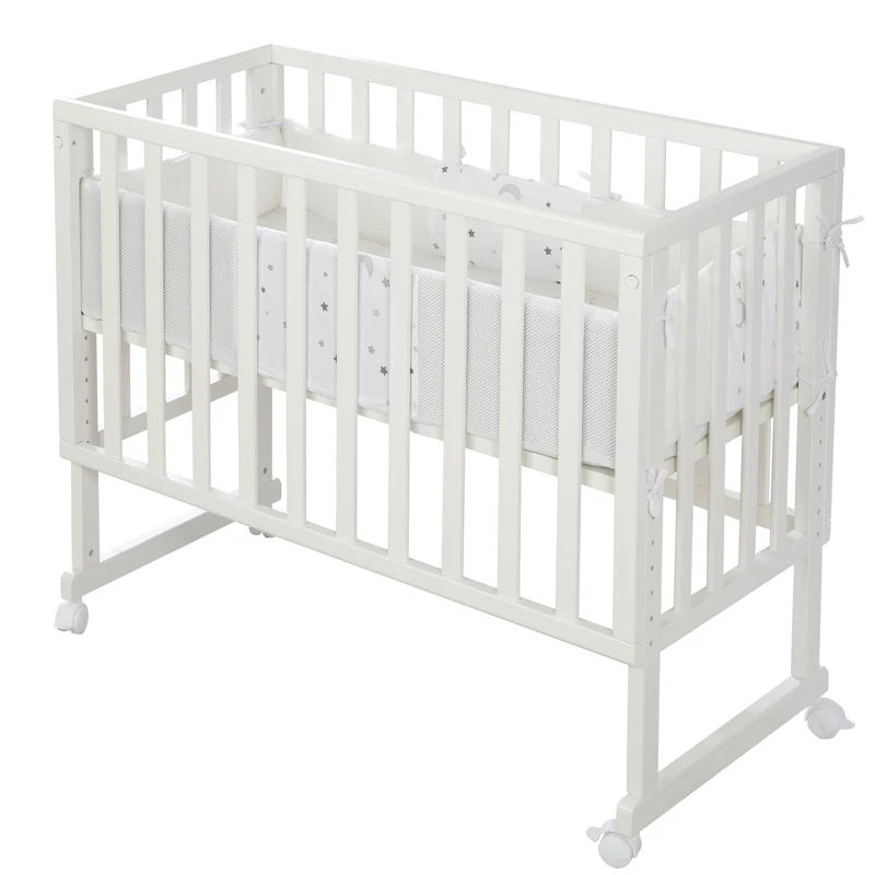 Stuben-/Beistellbett "safe asleep®" – 3 in 1 mit Barriere "Sternenzauber", inkl. Matratze u. Nestchen, Holz weiß