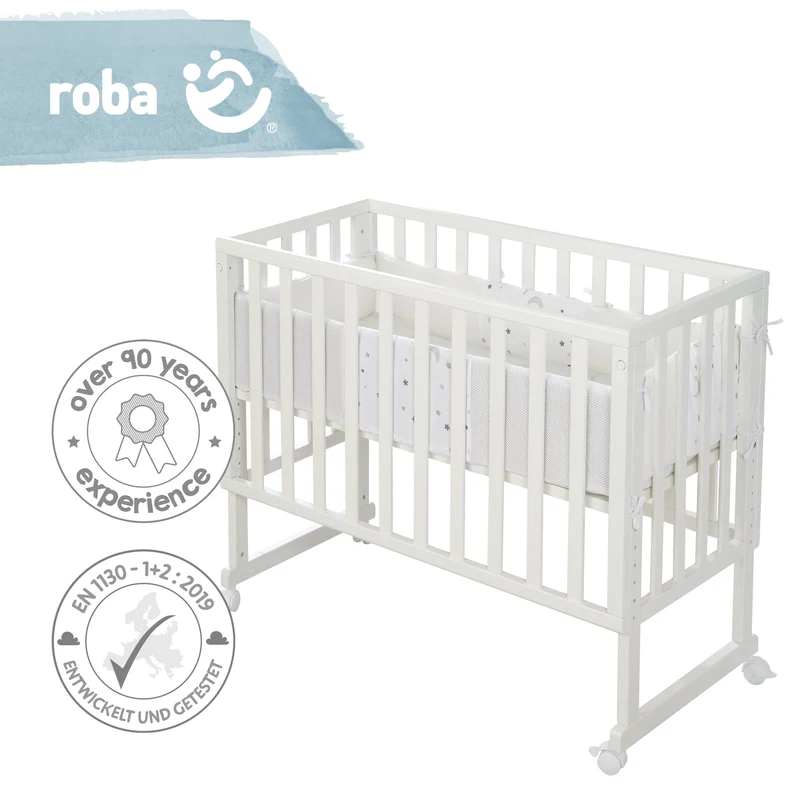 Stuben-/Beistellbett "safe asleep®" – 3 in 1 mit Barriere "Sternenzauber", inkl. Matratze u. Nestchen, Holz weiß
