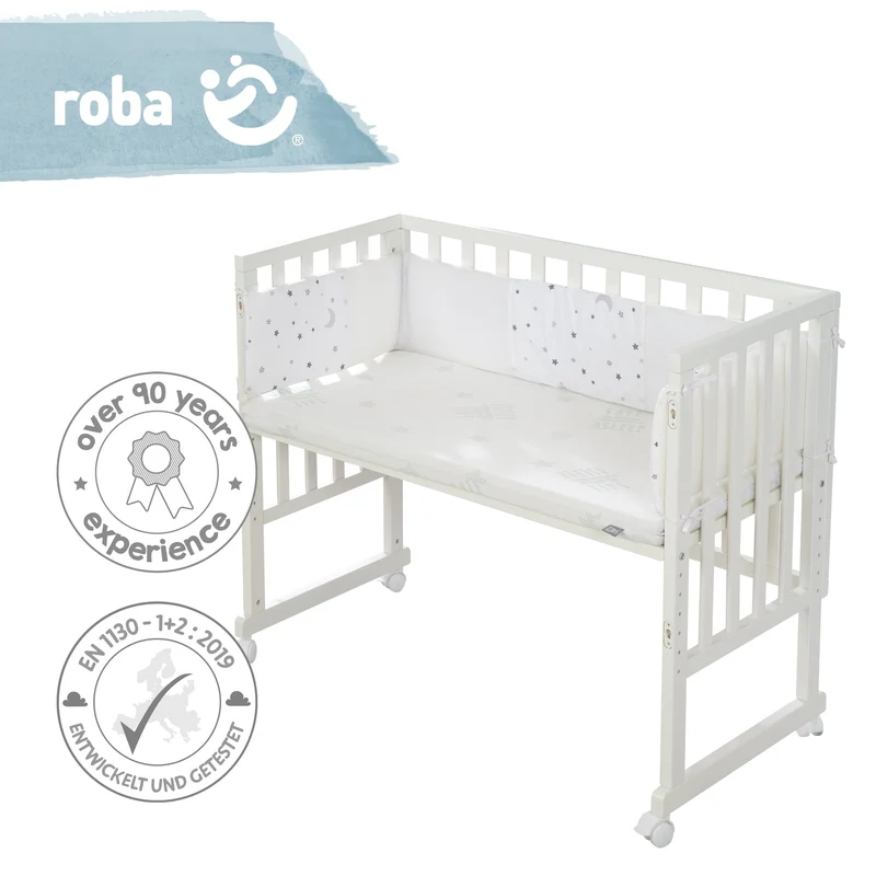 Stuben-/Beistellbett "safe asleep®" – 3 in 1 mit Barriere "Sternenzauber", inkl. Matratze u. Nestchen, Holz weiß