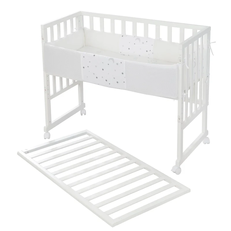 Stuben-/Beistellbett "safe asleep®" – 3 in 1 mit Barriere "Sternenzauber", inkl. Matratze u. Nestchen, Holz weiß