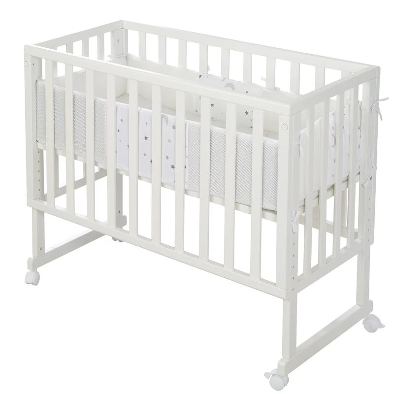 Stuben-/Beistellbett "safe asleep®" – 3 in 1 mit Barriere "Sternenzauber", inkl. Matratze u. Nestchen, Holz weiß