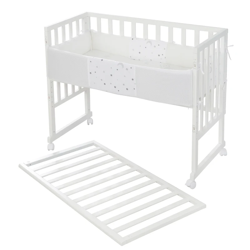 Stuben-/Beistellbett "safe asleep®" – 3 in 1 mit Barriere "Sternenzauber", inkl. Matratze u. Nestchen, Holz weiß