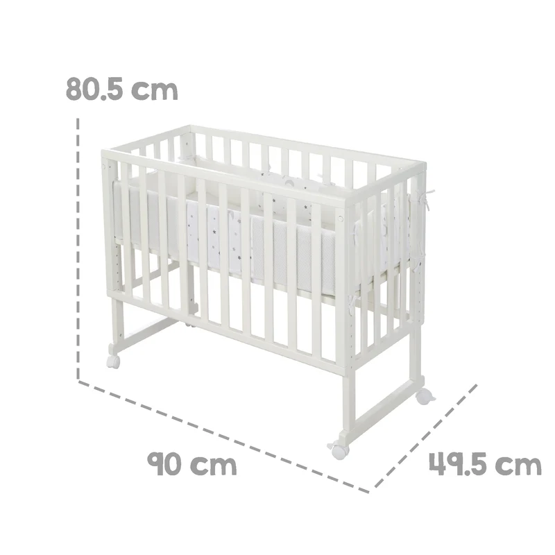 Stuben-/Beistellbett "safe asleep®" – 3 in 1 mit Barriere "Sternenzauber", inkl. Matratze u. Nestchen, Holz weiß