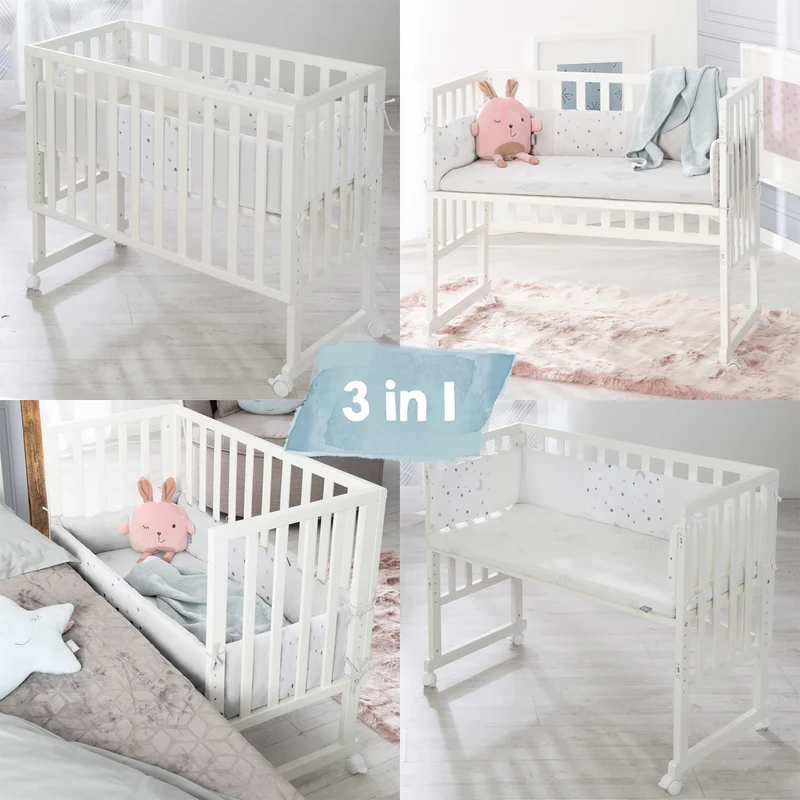 Stuben-/Beistellbett "safe asleep®" – 3 in 1 mit Barriere "Sternenzauber", inkl. Matratze u. Nestchen, Holz weiß
