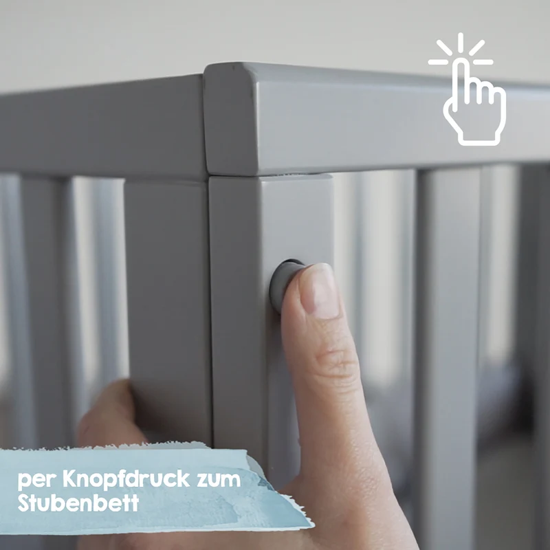 Stuben-/Beistellbett "safe asleep®" – 3 in 1 mit Barriere "Sternenzauber", inkl. Matratze u. Nestchen, Holz weiß