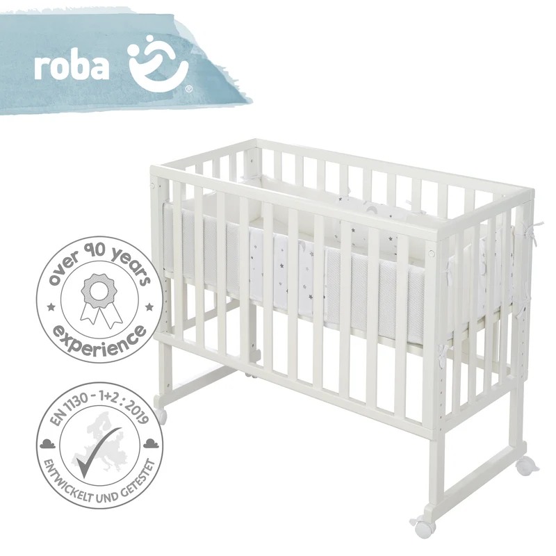 Stuben-/Beistellbett "safe asleep®" – 3 in 1 mit Barriere "Sternenzauber", inkl. Matratze u. Nestchen, Holz weiß