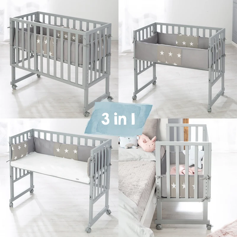 Stuben-/Beistellbett "safe asleep®" – 2 in 1 mit Barriere "Little Stars", inkl. Matratze u. Nestchen