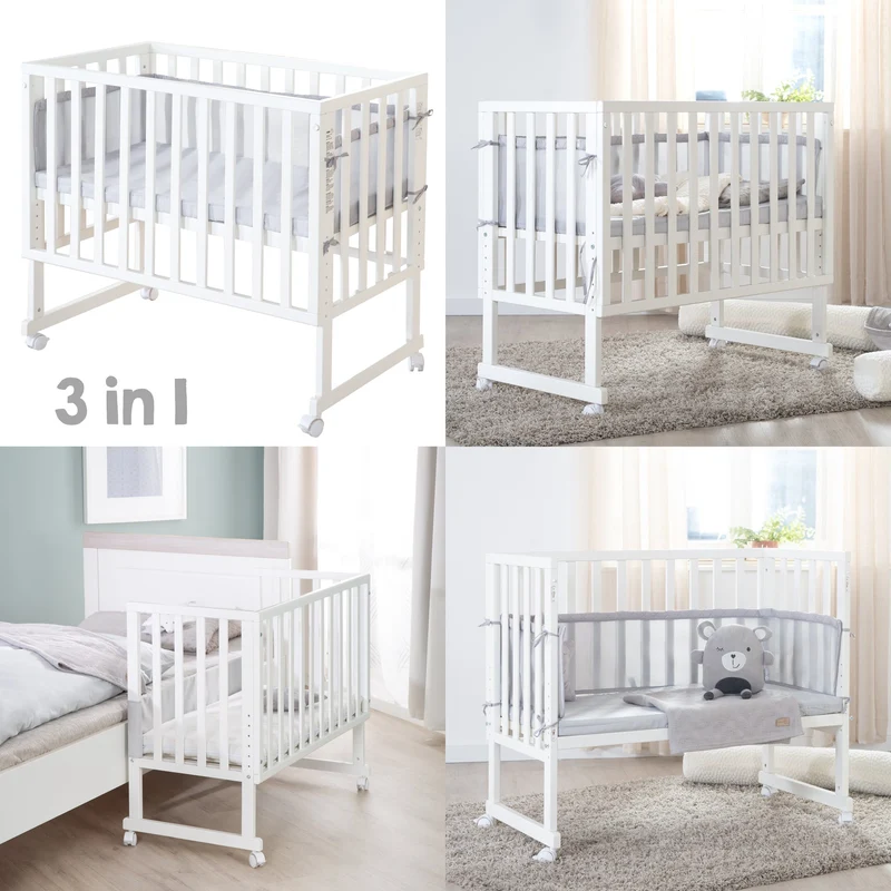 Stuben-/Beistellbett "roba Style" – 3 in 1 mit Barriere, Holz weiß, inkl. Matratze u. Nestchen