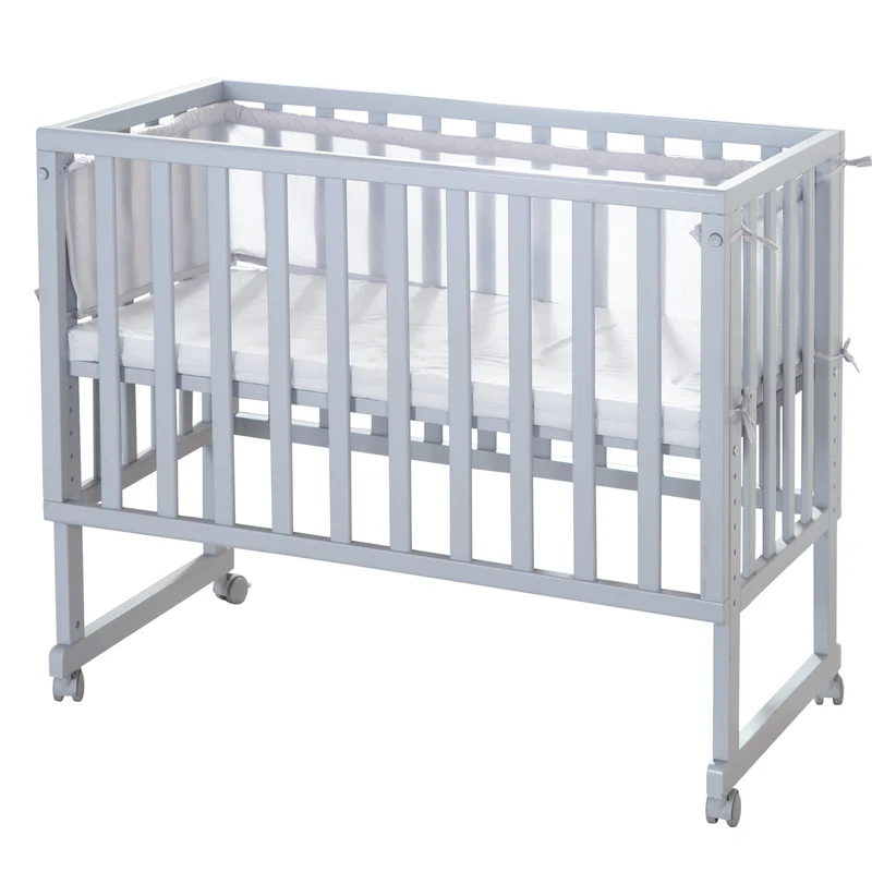 Stuben-/Beistellbett "roba Style" – 3 in 1 mit Barriere, Holz grau, inkl. Matratze u. Nestchen